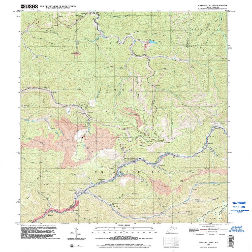 YellowMaps Amherstdale WV topo map, 1:24000 Scale, 7.5 X 7.5 Minute, Historical, 1996, Updated 2002, 27.1 x 22 in - Polypropylene