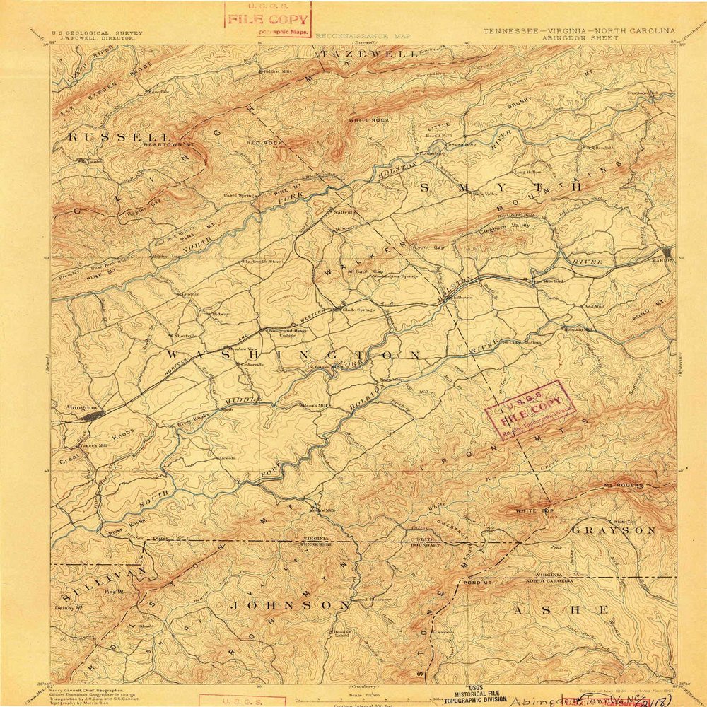 YellowMaps Abingdon VA topo map, 1:125000 Scale, 30 X 30 Minute, Historical, 1894, Updated 1901, 19.3 x 15.9 in - Polypropylene