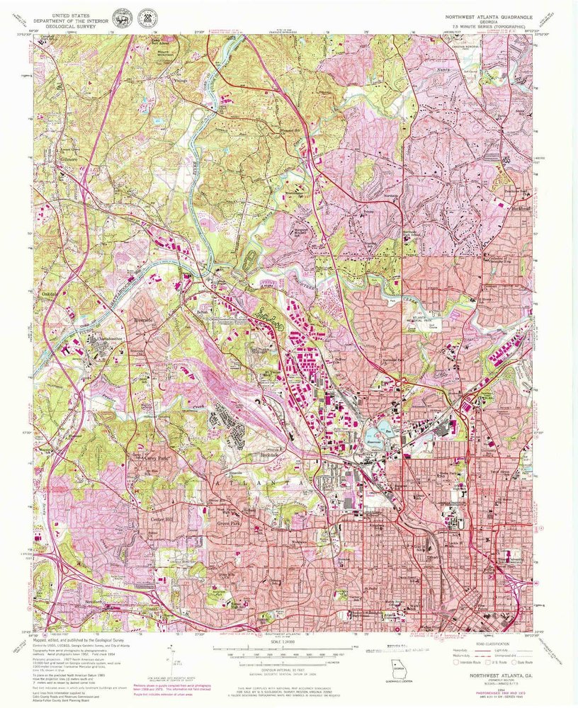 YellowMaps Northwest Atlanta GA topo map, 1:24000 Scale, 7.5 X 7.5 Minute, Historical, 1954, Updated 1979, 26.9 x 22 in - Polypropylene