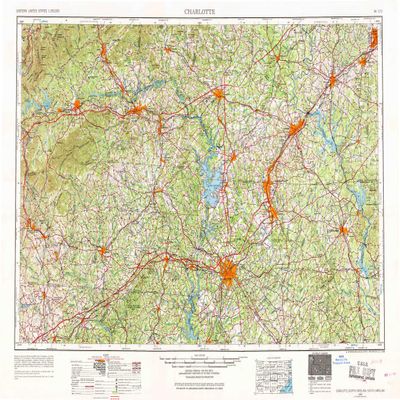 YellowMaps Charlotte NC topo map, 1:250000 Scale, 1 X 2 Degree, Historical, 1953, Updated 1968, 21.9 x 31.9 in - Tyvek