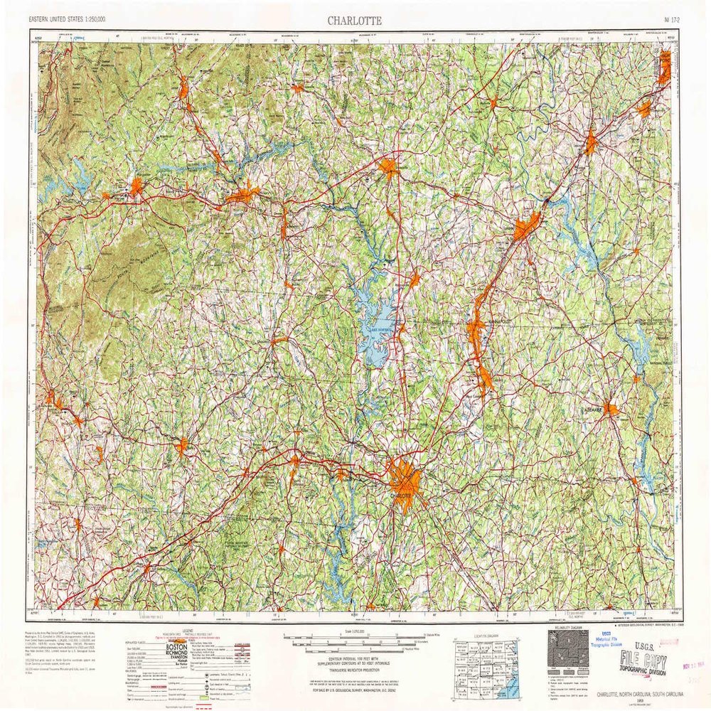 YellowMaps Charlotte NC topo map, 1:250000 Scale, 1 X 2 Degree, Historical, 1953, Updated 1968, 21.9 x 31.9 in - Tyvek