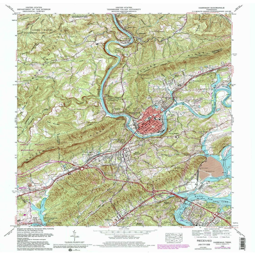 YellowMaps Harriman TN topo map, 1:24000 Scale, 7.5 X 7.5 Minute, Historical, 1968, Updated 1980, 27.3 x 22 in - Tyvek