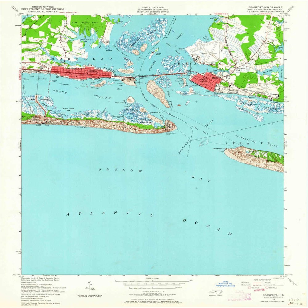 YellowMaps Beaufort NC topo map, 1:24000 Scale, 7.5 X 7.5 Minute, Historical, 1949, Updated 1964, 27 x 22.1 in - Polypropylene