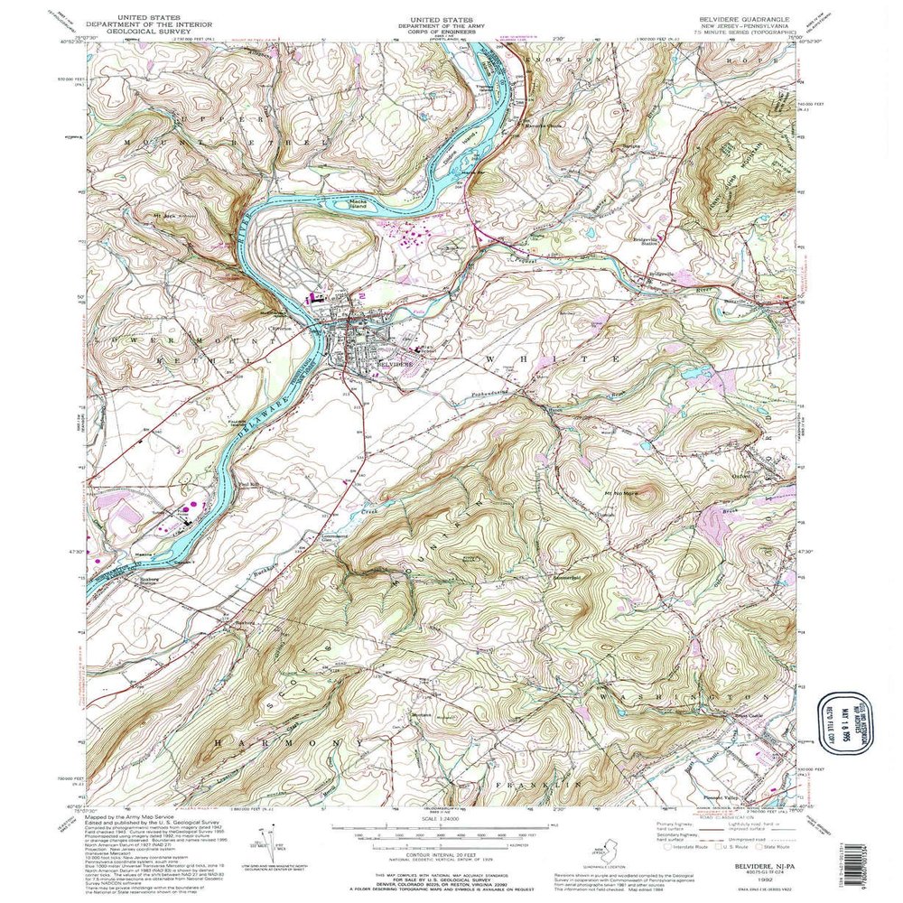 YellowMaps Belvidere NJ topo map, 1:24000 Scale, 7.5 X 7.5 Minute, Historical, 1992, Updated 1995, 26.9 x 22.1 in - Tyvek