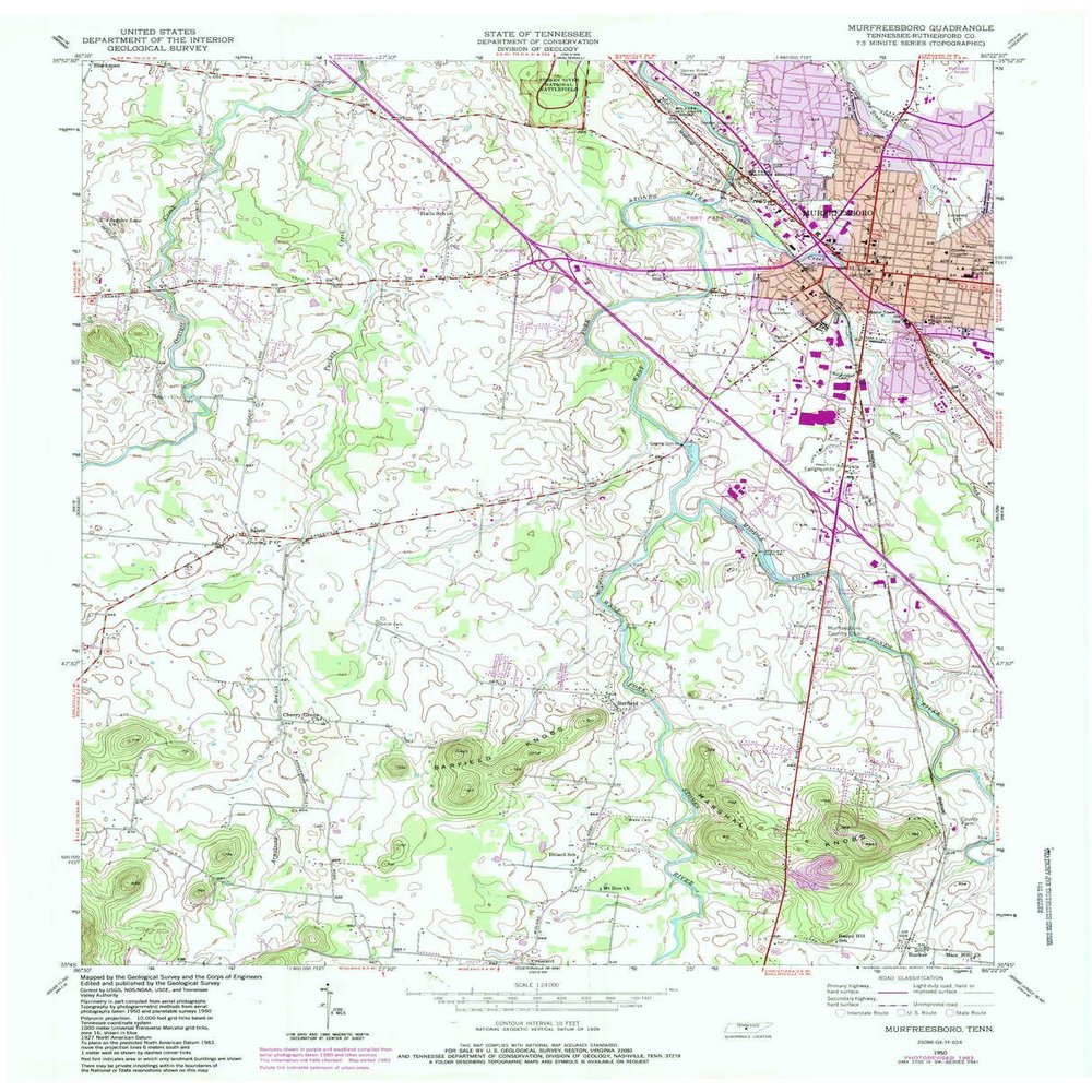 YellowMaps Murfreesboro TN topo map, 1:24000 Scale, 7.5 X 7.5 Minute, Historical, 1950, Updated 1984, 27.4 x 22 in - Polypropylene