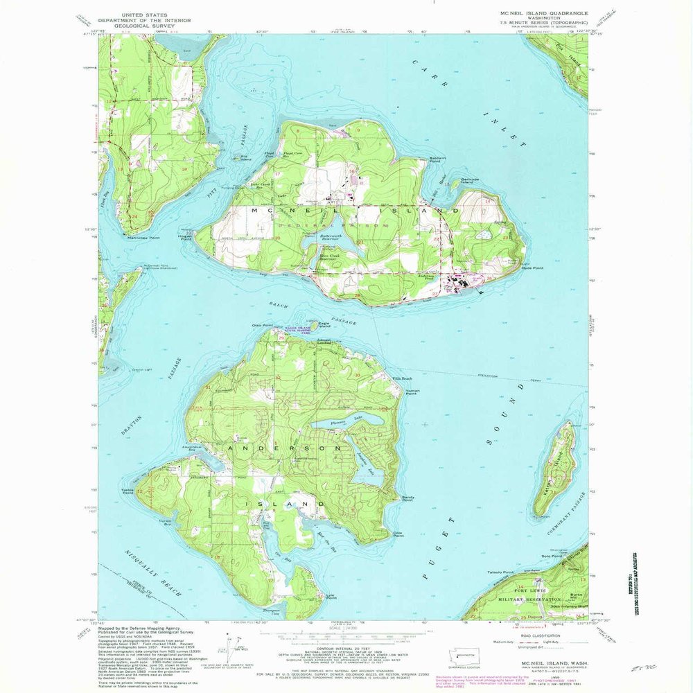 Mc Neil Island WA topo map, 1:24000 Scale, 7.5 X 7.5 Minute, Historical, 1959, Updated 1981, 26.9 x 22 in - Polypropylene