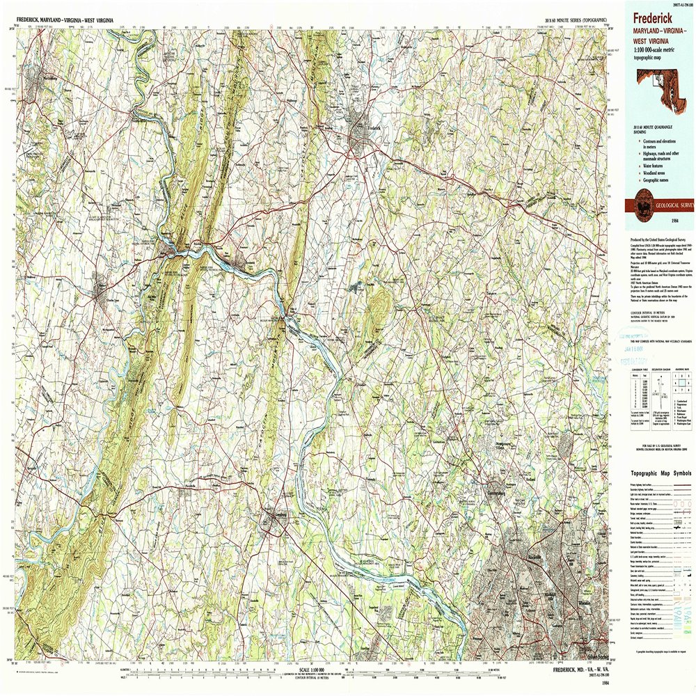 YellowMaps Frederick MD topo map, 1:100000 Scale, 30 X 60 Minute, Historical, 1984, Updated 1985, 24.1 x 40 in - Polypropylene