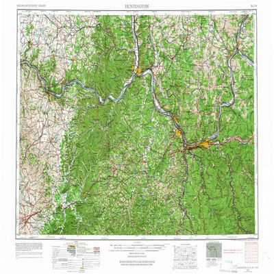 YellowMaps Huntington WV topo map, 1:250000 Scale, 1 X 2 Degree, Historical, 1957, Updated 1966, 21.8 x 32.1 in - Tyvek