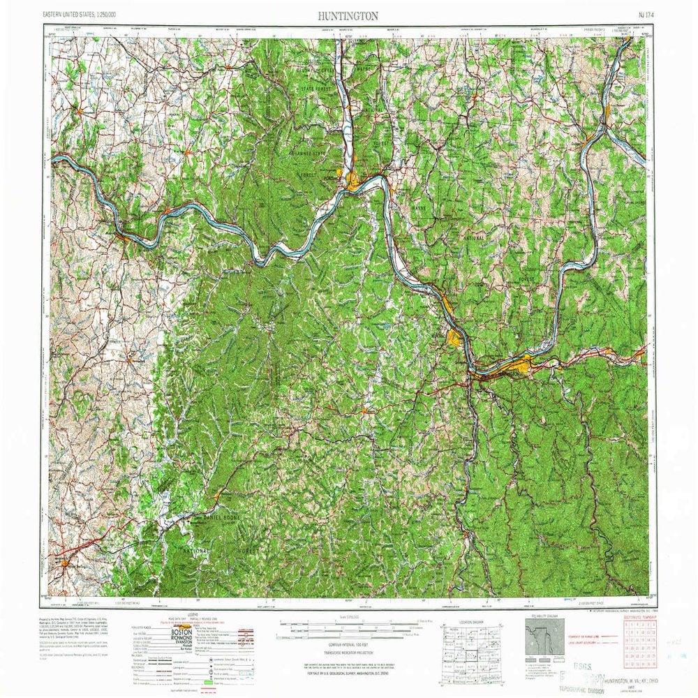 YellowMaps Huntington WV topo map, 1:250000 Scale, 1 X 2 Degree, Historical, 1957, Updated 1966, 21.8 x 32.1 in - Tyvek