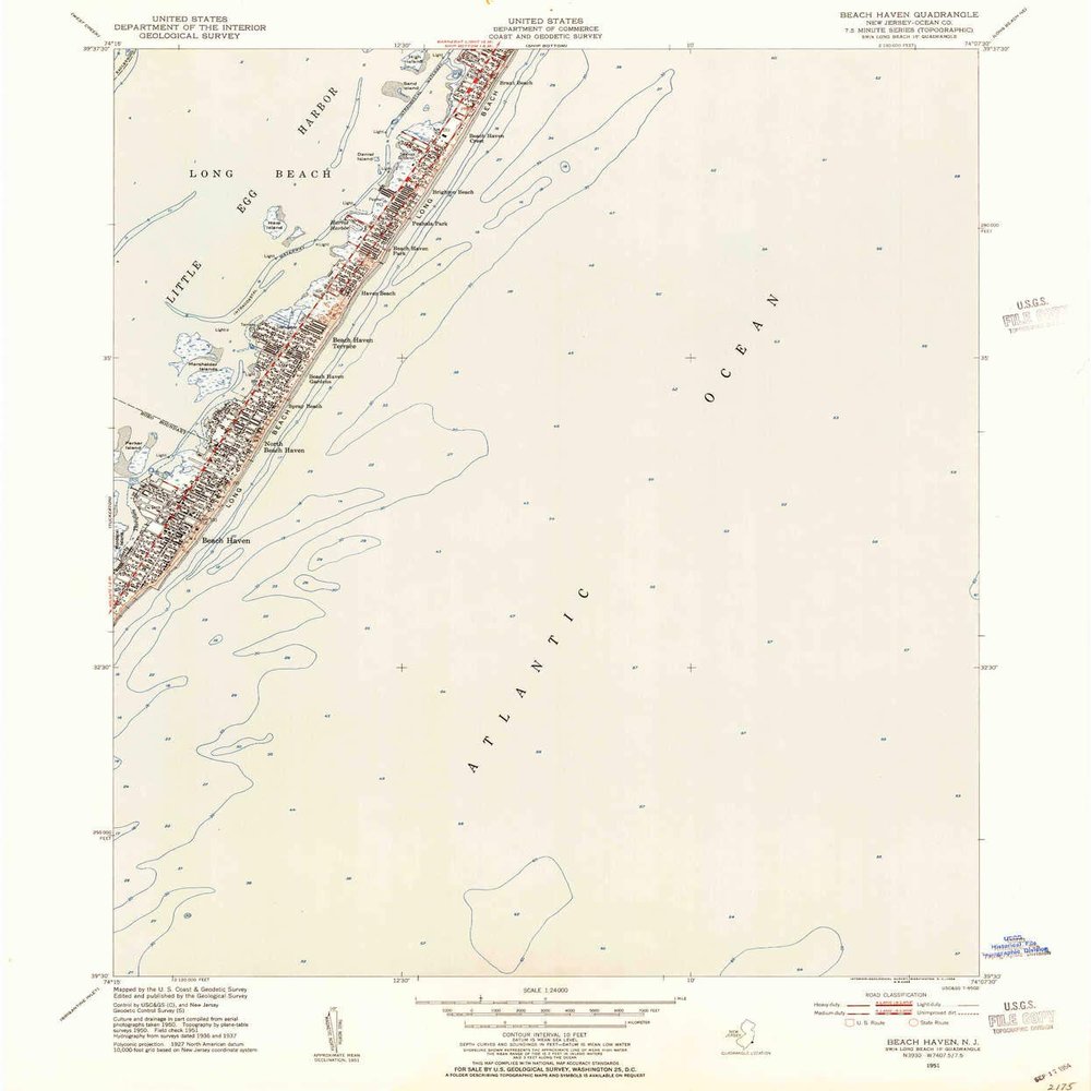 YellowMaps Beach Haven NJ topo map, 1:24000 Scale, 7.5 X 7.5 Minute, Historical, 1951, Updated 1954, 26.8 x 22.2 in - Tyvek