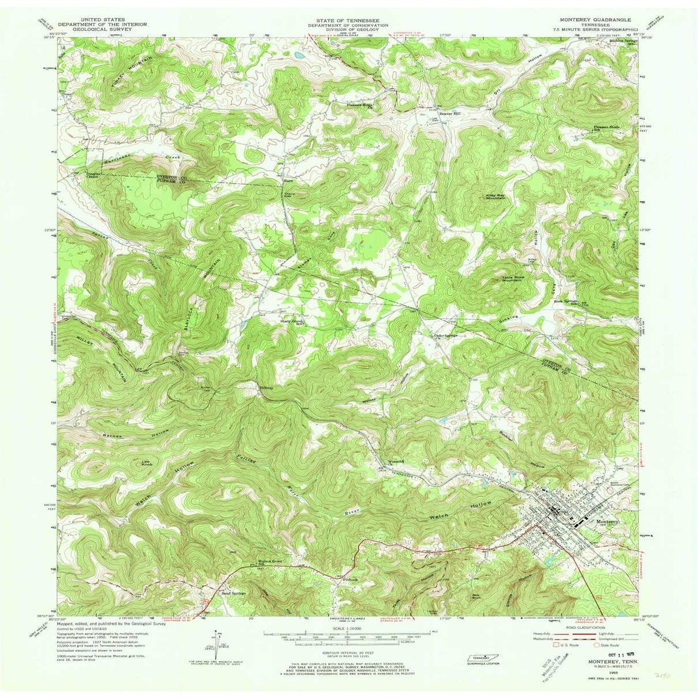 YellowMaps Monterey TN topo map, 1:24000 Scale, 7.5 X 7.5 Minute, Historical, 1955, Updated 1973, 27.4 x 22.1 in - Tyvek