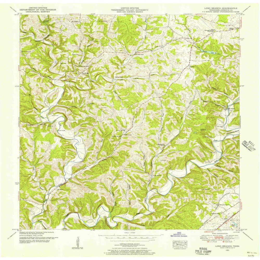 YellowMaps Long Branch TN topo map, 1:24000 Scale, 7.5 X 7.5 Minute, Historical, 1951, Updated 1956, 27.5 x 22 in - Polypropylene