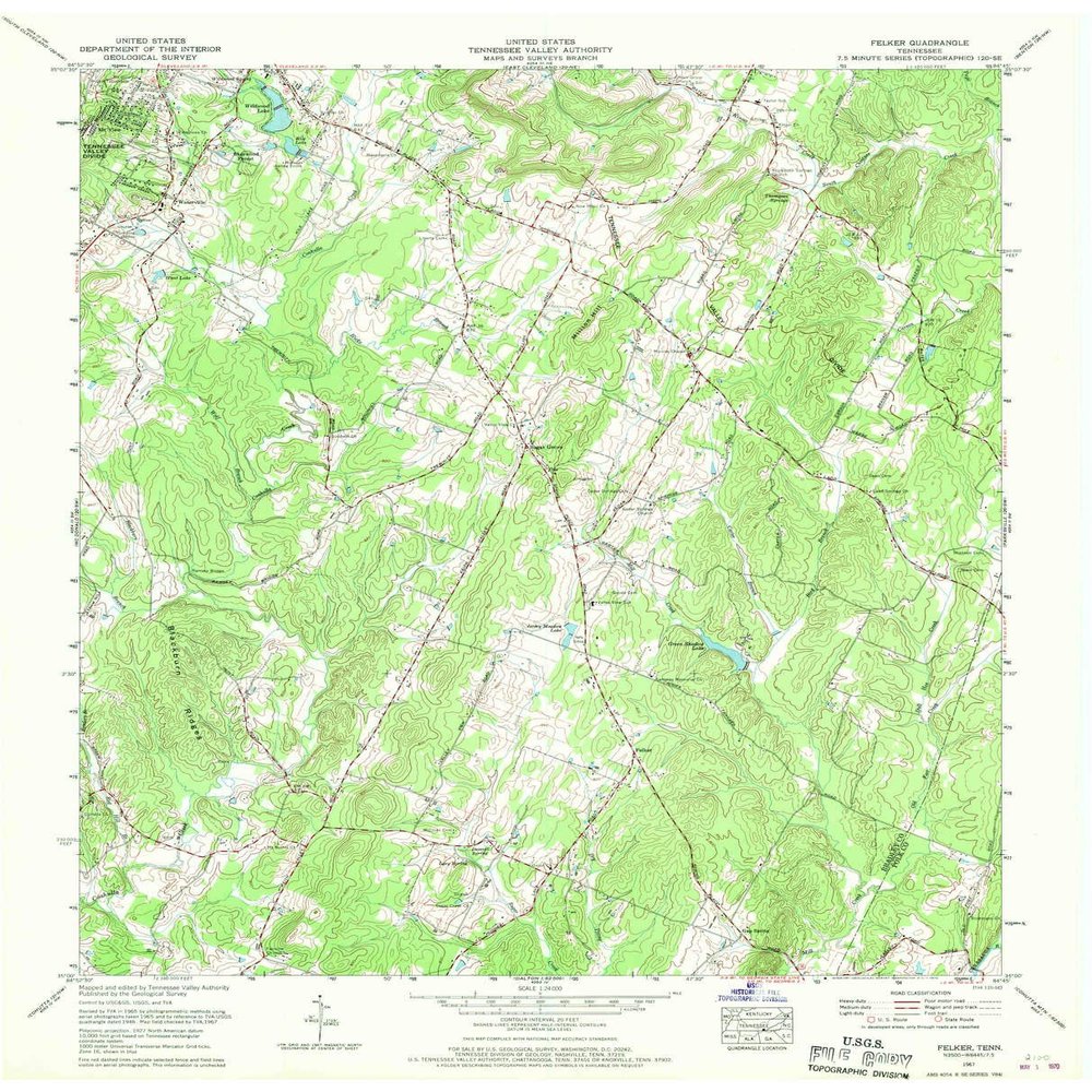 YellowMaps Felker TN topo map, 1:24000 Scale, 7.5 X 7.5 Minute, Historical, 1967, Updated 1970, 27.4 x 22.1 in - Tyvek