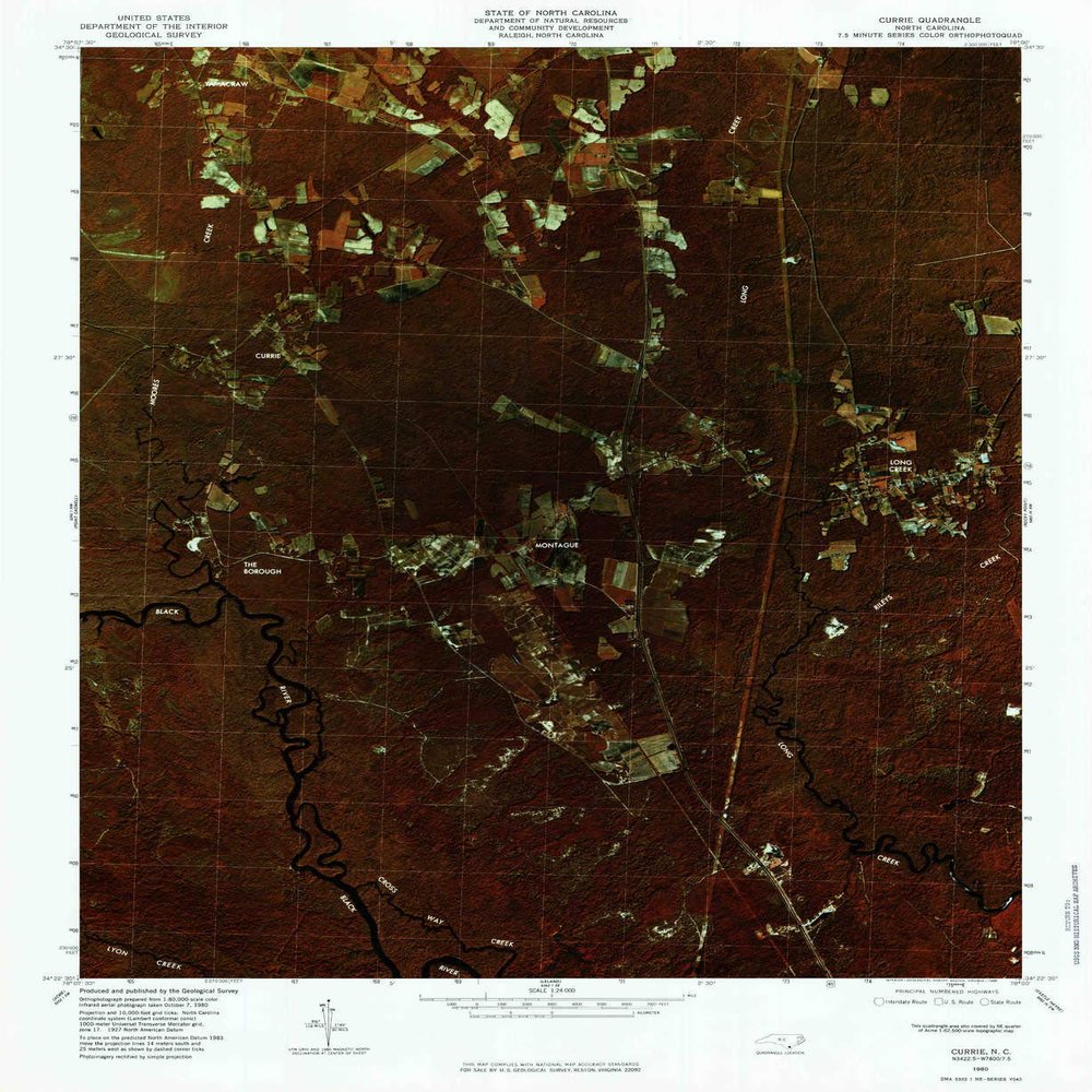 YellowMaps Currie NC topo map, 1:24000 Scale, 7.5 X 7.5 Minute, Historical, 1980, Updated 1985, 26.6 x 21.8 in - Polypropylene