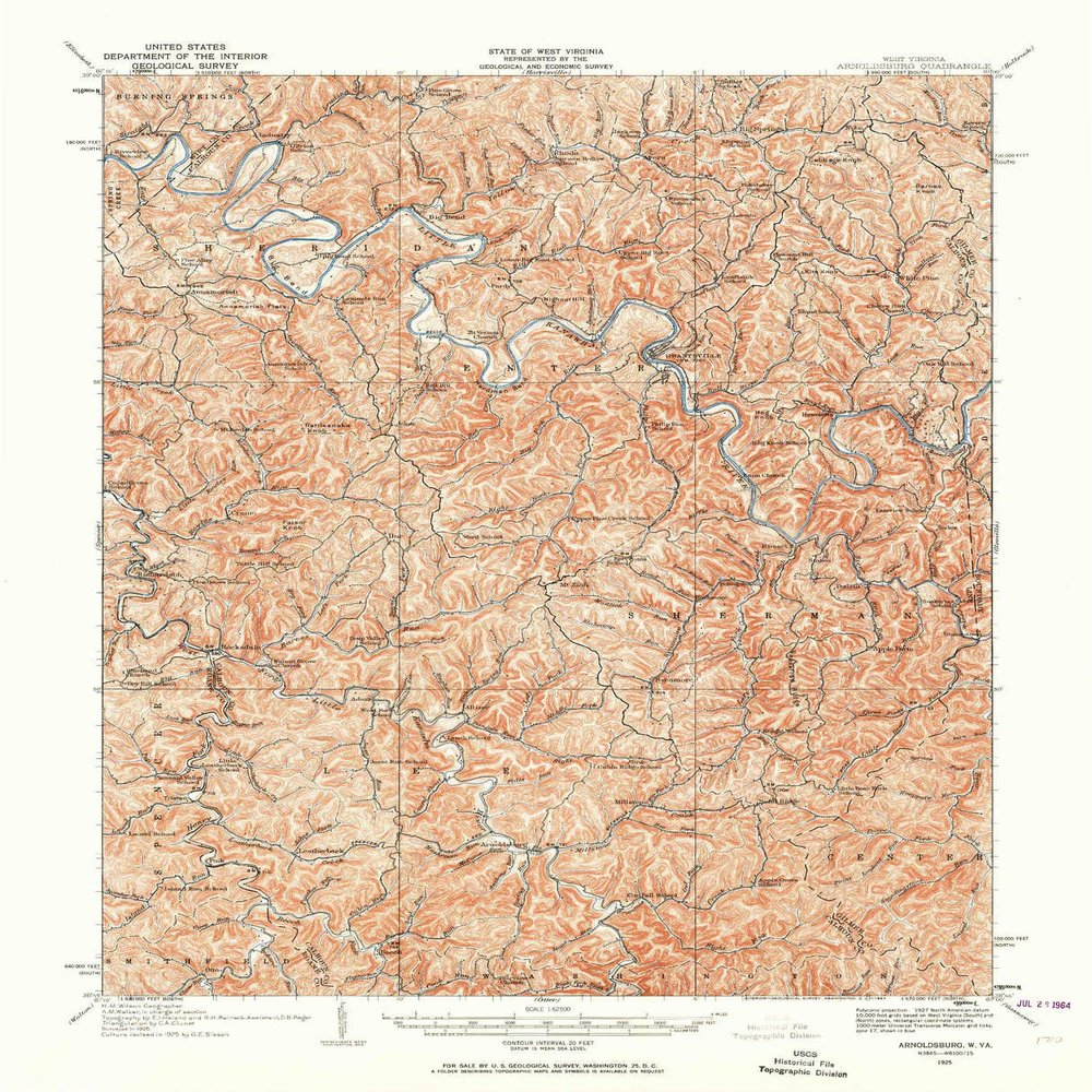 YellowMaps Arnoldsburg WV topo map, 1:62500 Scale, 15 X 15 Minute, Historical, 1925, Updated 1964, 20.7 x 16.8 in - Tyvek
