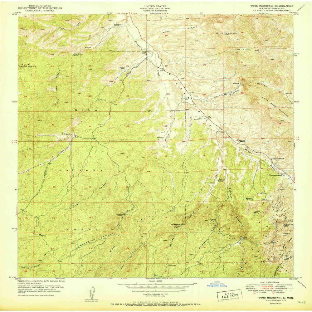 YellowMaps Wind Mountain NM topo map, 1:24000 Scale, 7.5 X 7.5 Minute, Historical, 1951, 27 x 21.8 in - Polypropylene