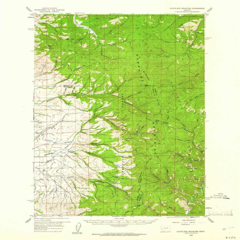 YellowMaps Cleveland Mountain MT topo map, 1:62500 Scale, 15 X 15 Minute, Historical, 1959, Updated 1961, 20.9 x 17 in - Polypropylene