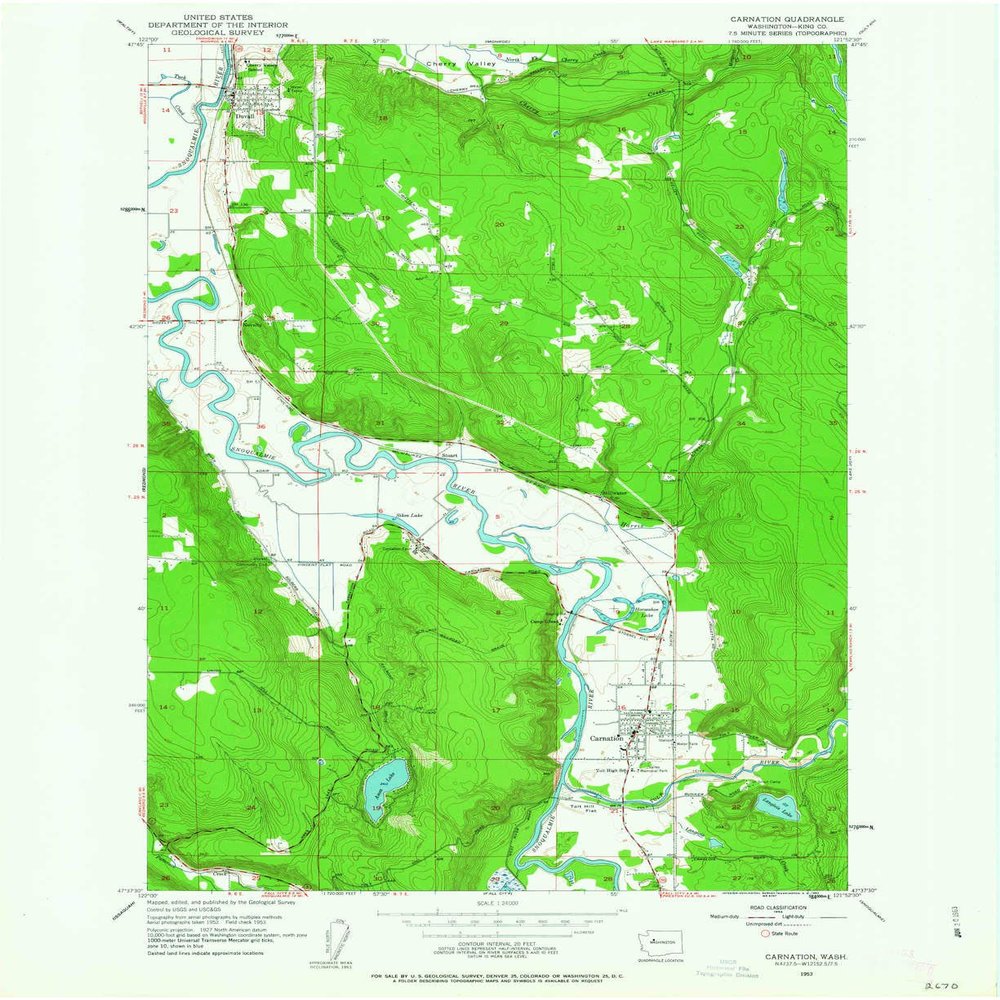 YellowMaps Carnation WA topo map, 1:24000 Scale, 7.5 X 7.5 Minute, Historical, 1953, Updated 1963, 26.9 x 22 in - Tyvek