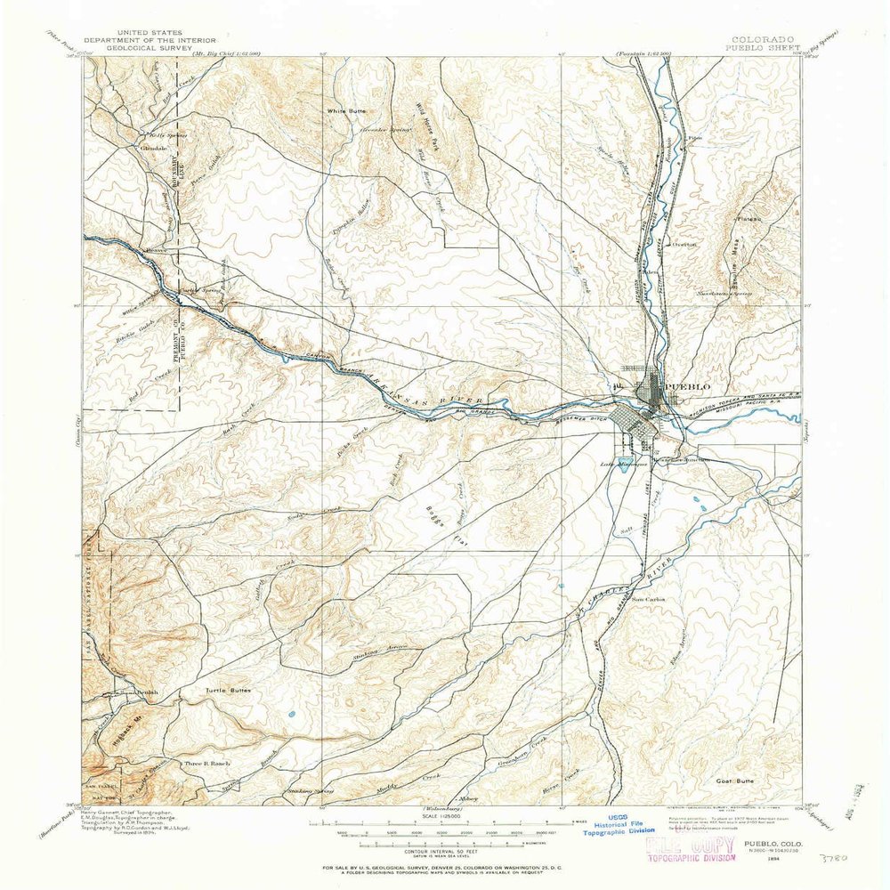 Pueblo CO topo map, 1:125000 Scale, 30 X 30 Minute, Historical, 1894, Updated 1963, 20.8 x 17.1 in - Polypropylene