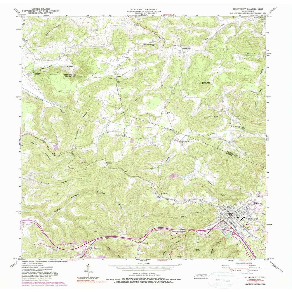 YellowMaps Monterey TN topo map, 1:24000 Scale, 7.5 X 7.5 Minute, Historical, 1955, Updated 1988, 27.4 x 22 in - Tyvek