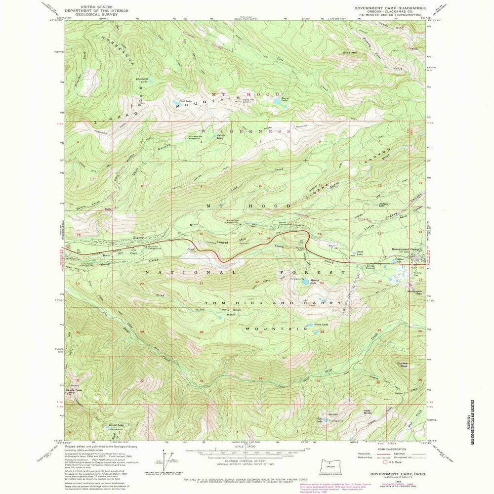 YellowMaps Government Camp OR topo map, 1:24000 Scale, 7.5 X 7.5 Minute, Historical, 1962, Updated 1980, 26.8 x 22 in - Tyvek