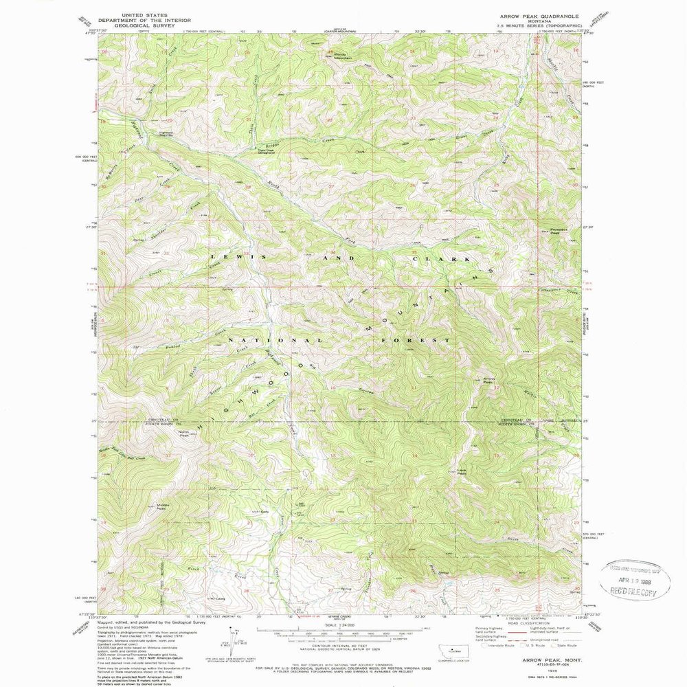 YellowMaps Arrow Peak MT topo map, 1:24000 Scale, 7.5 X 7.5 Minute, Historical, 1978, Updated 1987, 27.1 x 22.1 in - Polypropylene
