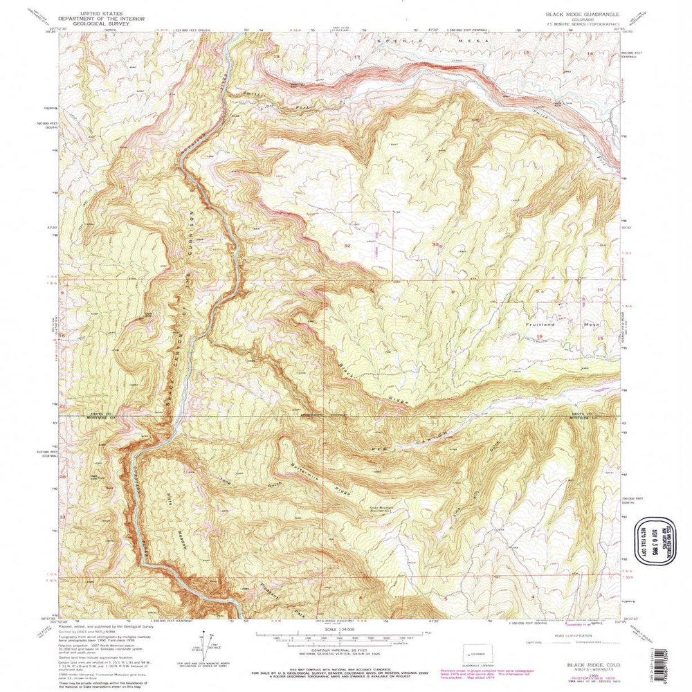 YellowMaps Black Ridge CO topo map, 1:24000 Scale, 7.5 X 7.5 Minute, Historical, 1955, Updated 1980, 26.8 x 22 in - Polypropylene