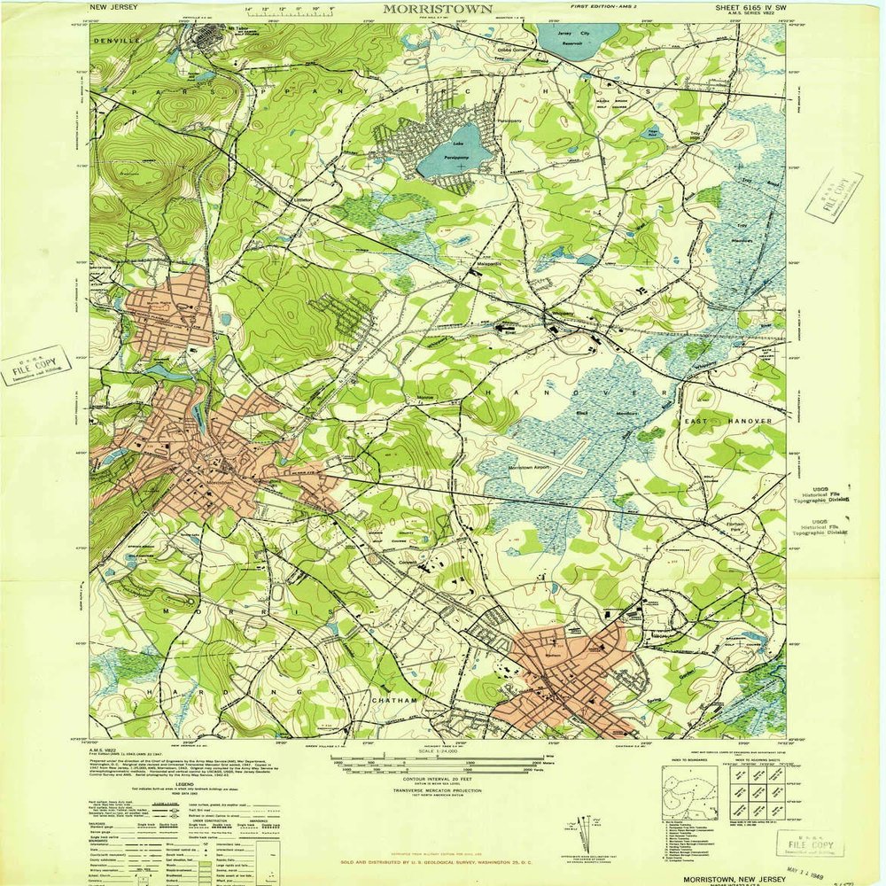 YellowMaps Morristown NJ topo map, 1:24000 Scale, 7.5 X 7.5 Minute, Historical, 1947, 28.2 x 22 in - Tyvek