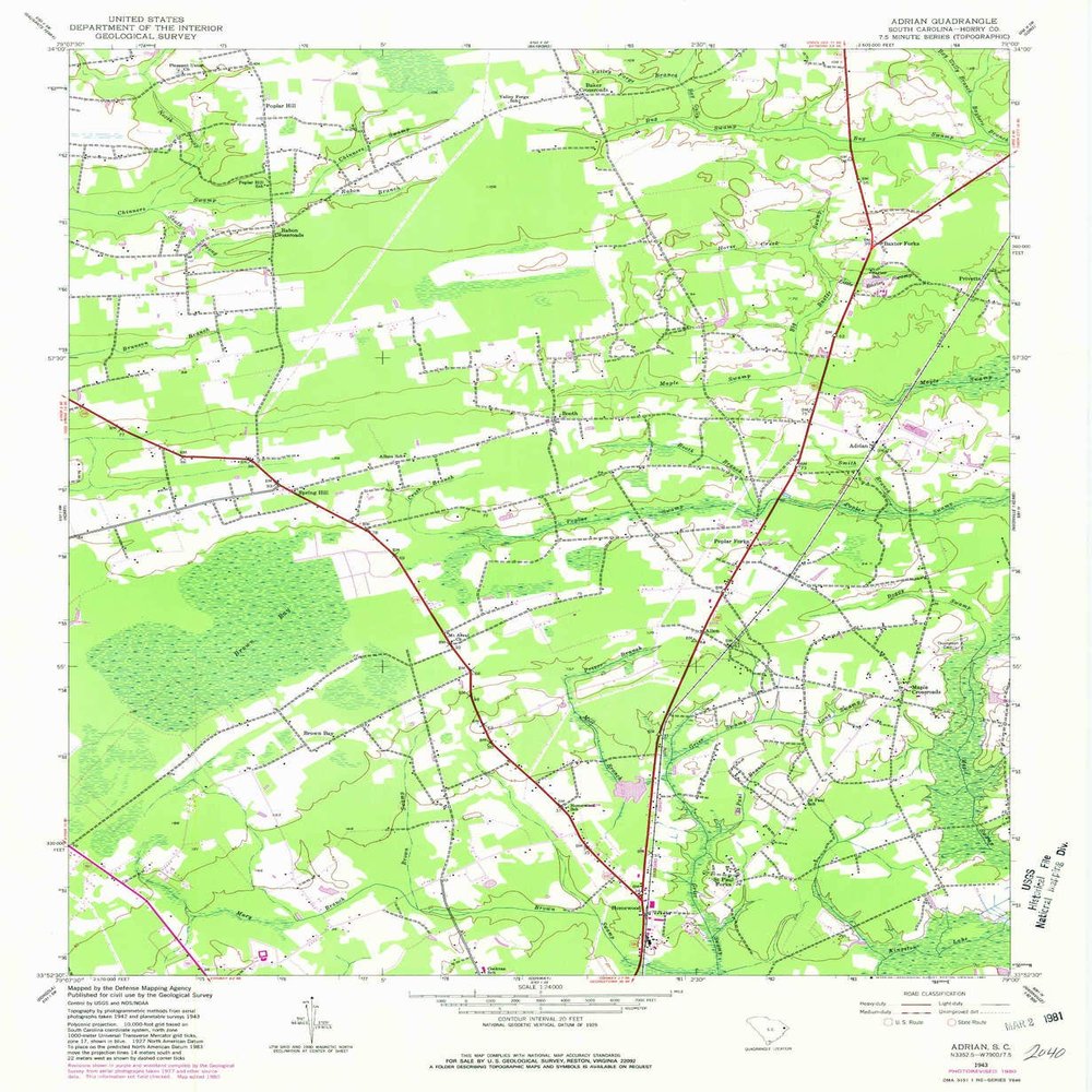 YellowMaps Adrian SC topo map, 1:24000 Scale, 7.5 X 7.5 Minute, Historical, 1943, Updated 1981, 26.8 x 22 in - Polypropylene
