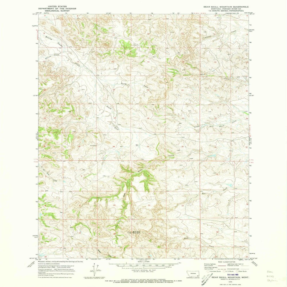 YellowMaps Bear Skull Mountain MT topo map, 1:24000 Scale, 7.5 X 7.5 Minute, Historical, 1970, Updated 1973, 26.8 x 22 in - Polypropylene