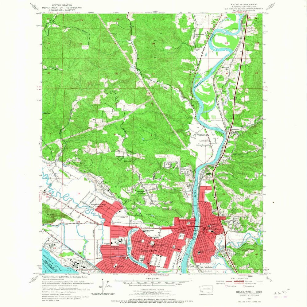 Kelso WA topo map, 1:24000 Scale, 7.5 X 7.5 Minute, Historical, 1953, Updated 1967, 26.9 x 22 in - Polypropylene