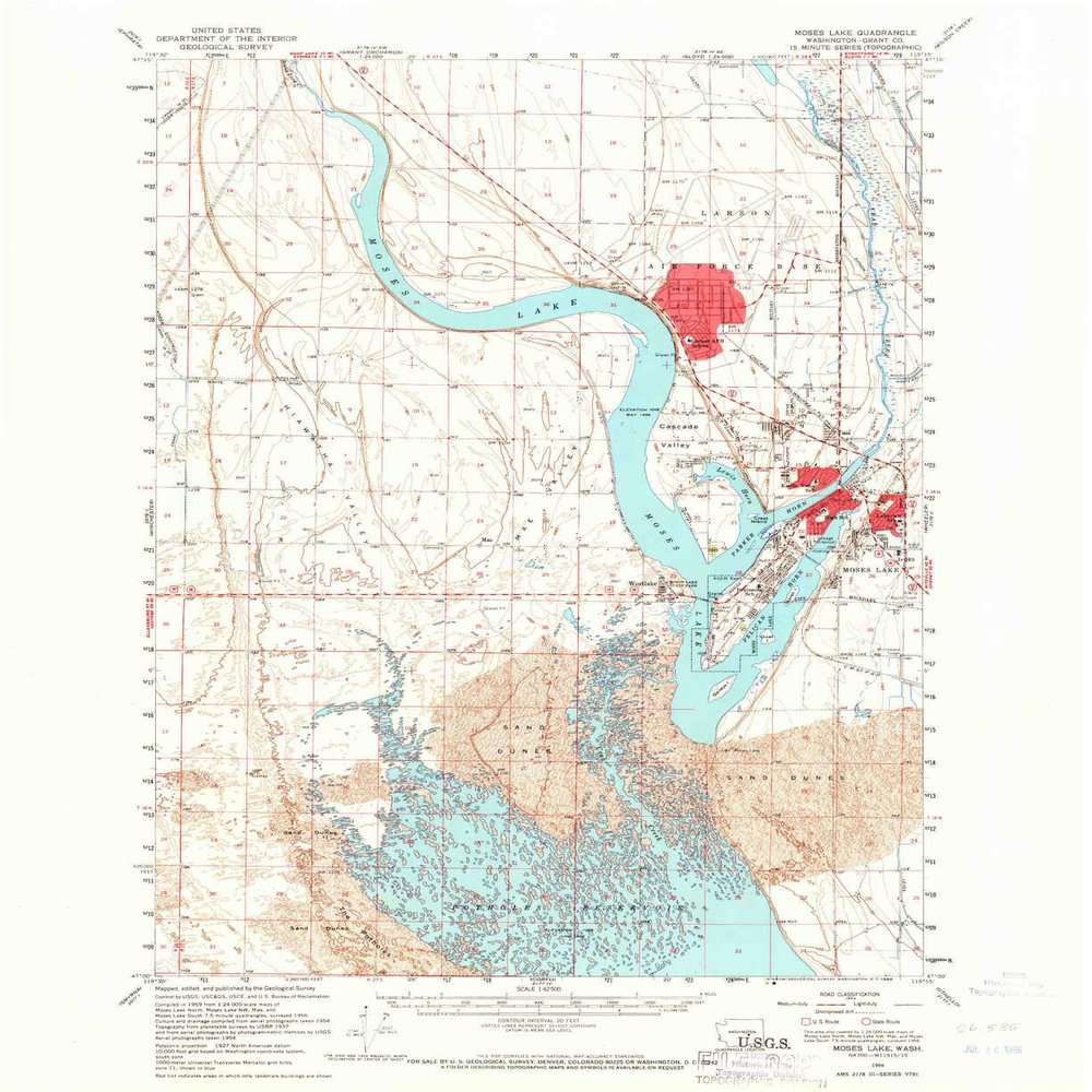YellowMaps Moses Lake WA topo map, 1:62500 Scale, 15 X 15 Minute, Historical, 1956, Updated 1966, 20.9 x 17 in - Polypropylene