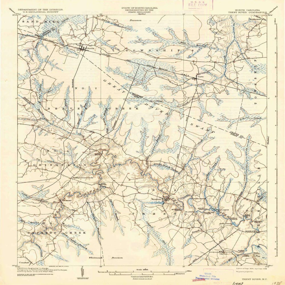 YellowMaps Trent River NC topo map, 1:62500 Scale, 15 X 15 Minute, Historical, 1904, Updated 1936, 19.9 x 16.4 in - Tyvek