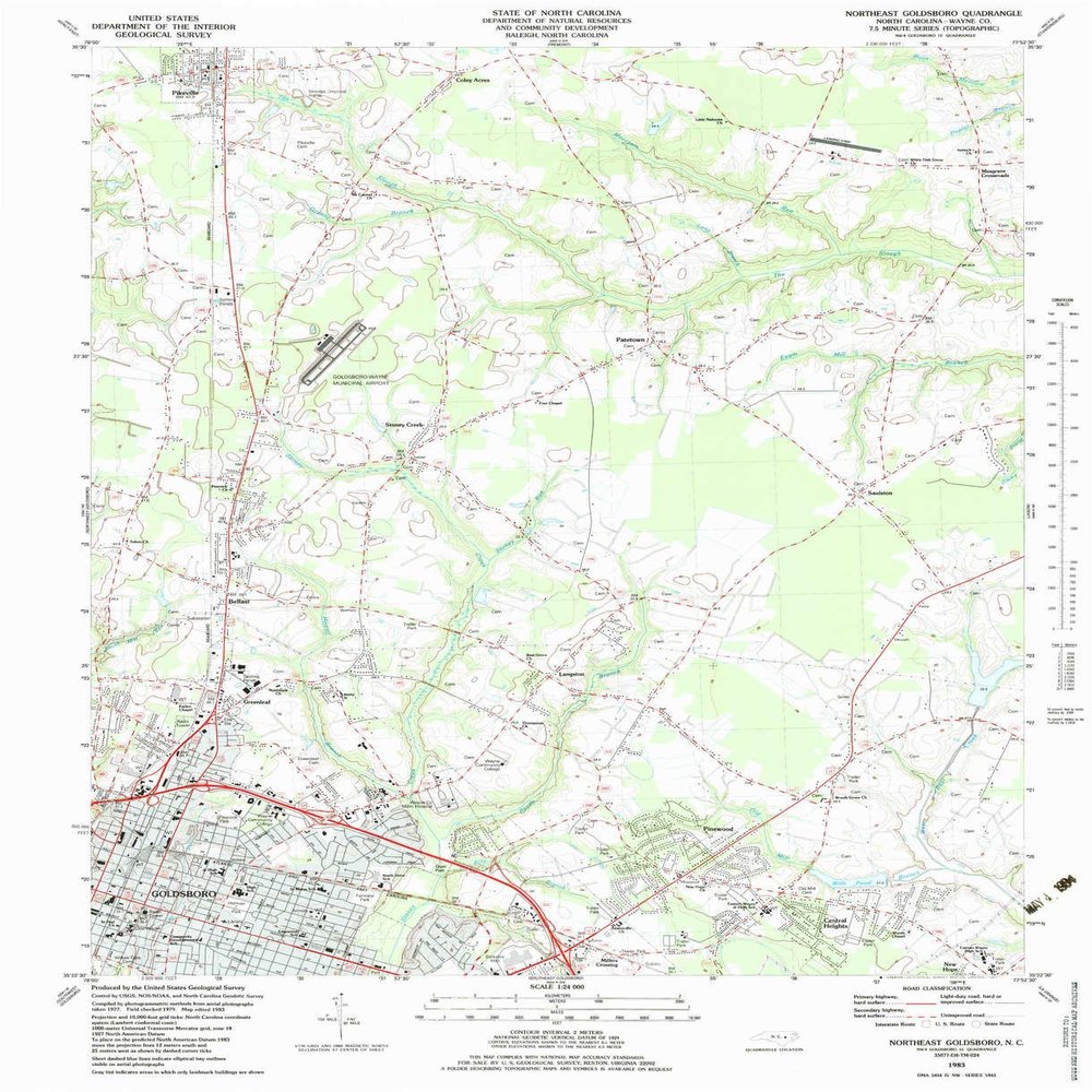 YellowMaps Northeast Goldsboro NC topo map, 1:24000 Scale, 7.5 X 7.5 Minute, Historical, 1983, Updated 1983, 26.7 x 21.7 in - Tyvek