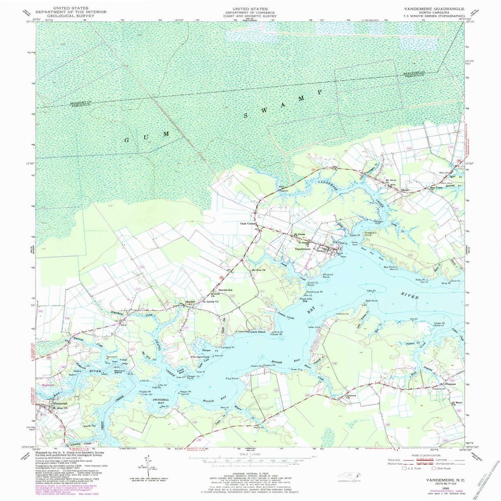 YellowMaps Vandemere NC topo map, 1:24000 Scale, 7.5 X 7.5 Minute, Historical, 1950, Updated 1983, 26.8 x 21.8 in - Tyvek