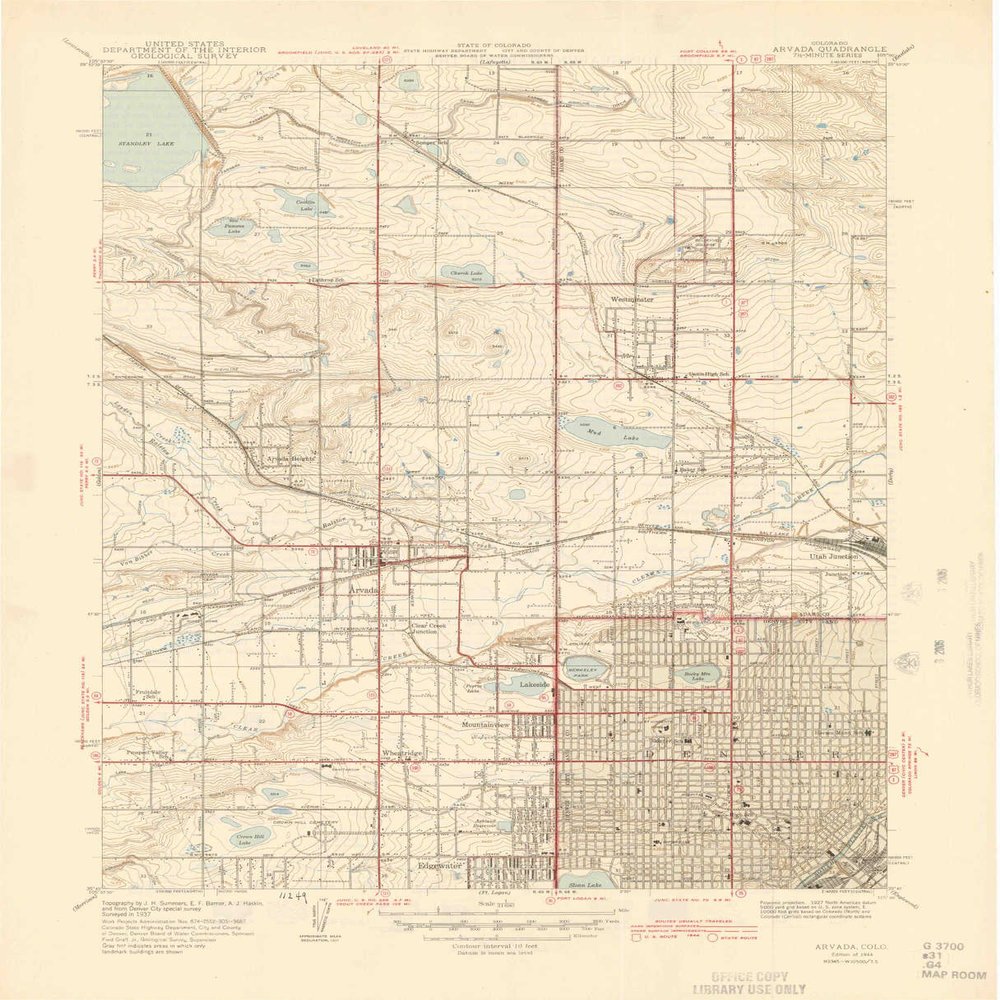 YellowMaps Arvada CO topo map, 1:31680 Scale, 7.5 X 7.5 Minute, Historical, 1944, 20.9 x 17 in - Polypropylene