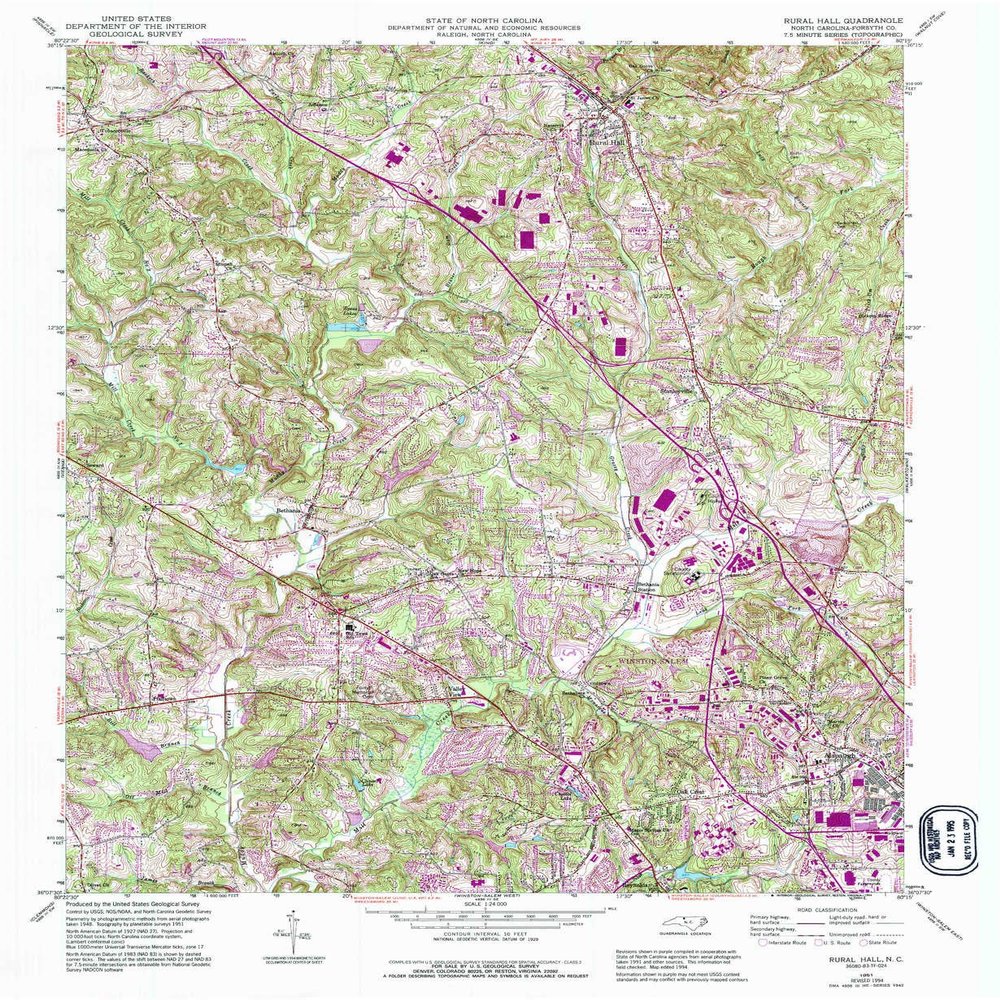 YellowMaps Rural Hall NC topo map, 1:24000 Scale, 7.5 X 7.5 Minute, Historical, 1951, Updated 1994, 26.7 x 21.9 in - Polypropylene