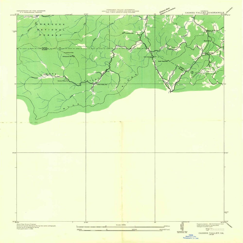 YellowMaps Cashes Valley GA topo map, 1:24000 Scale, 7.5 X 7.5 Minute, Historical, 1935, 26.8 x 22 in - Polypropylene