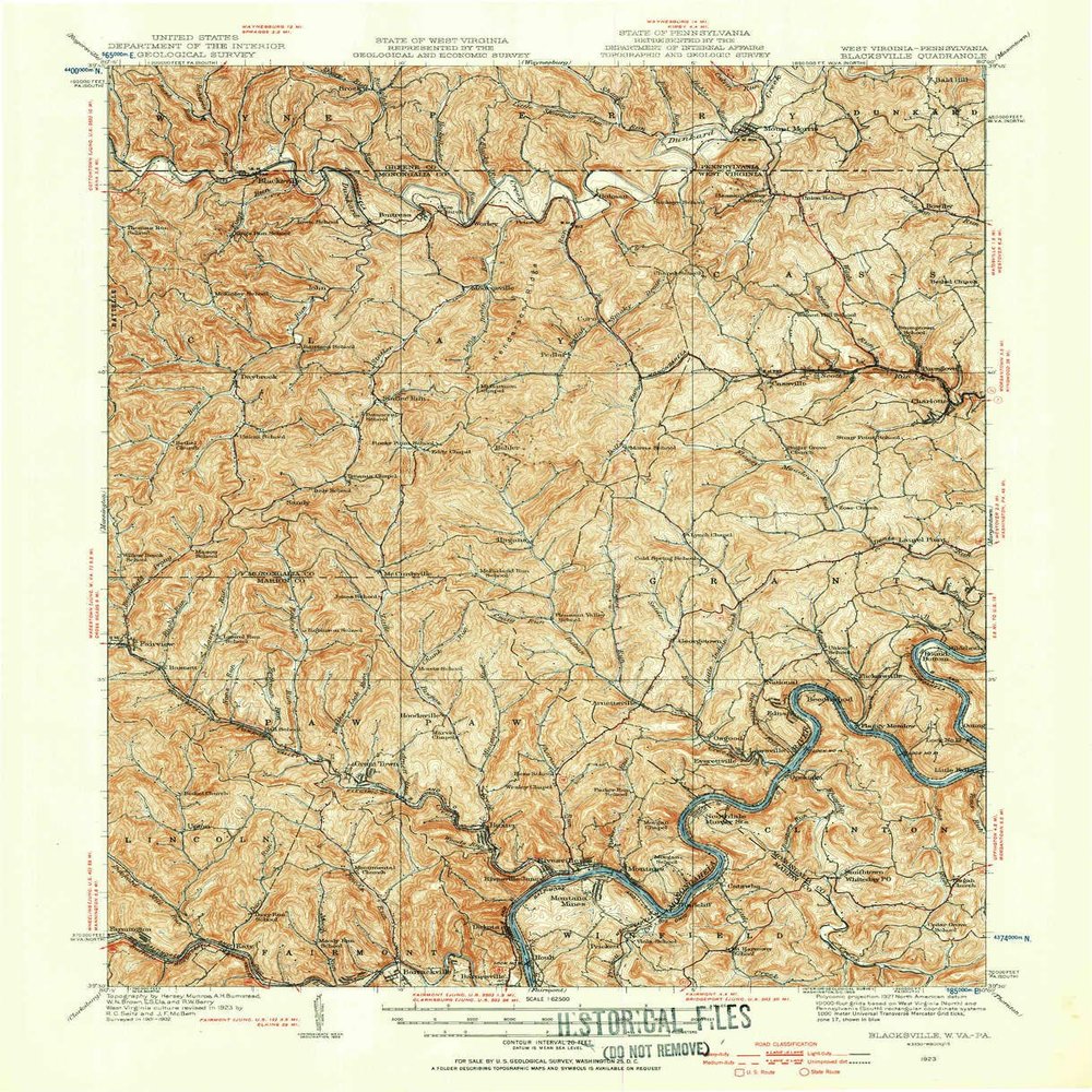 YellowMaps Blacksville WV topo map, 1:62500 Scale, 15 X 15 Minute, Historical, 1923, Updated 1956, 20.7 x 16.8 in - Polypropylene