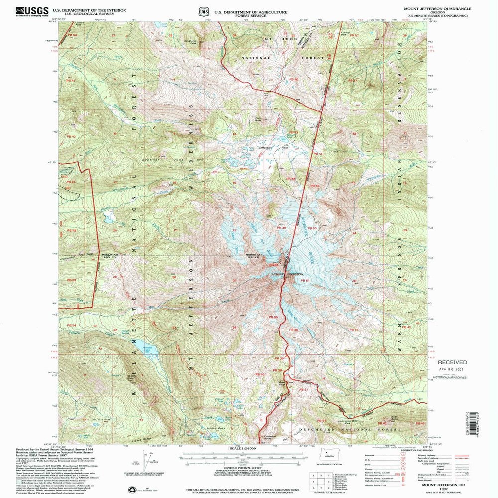 YellowMaps Mount Jefferson OR topo map, 1:24000 Scale, 7.5 X 7.5 Minute, Historical, 1997, Updated 2001, 26.8 x 21.9 in - Polypropylene