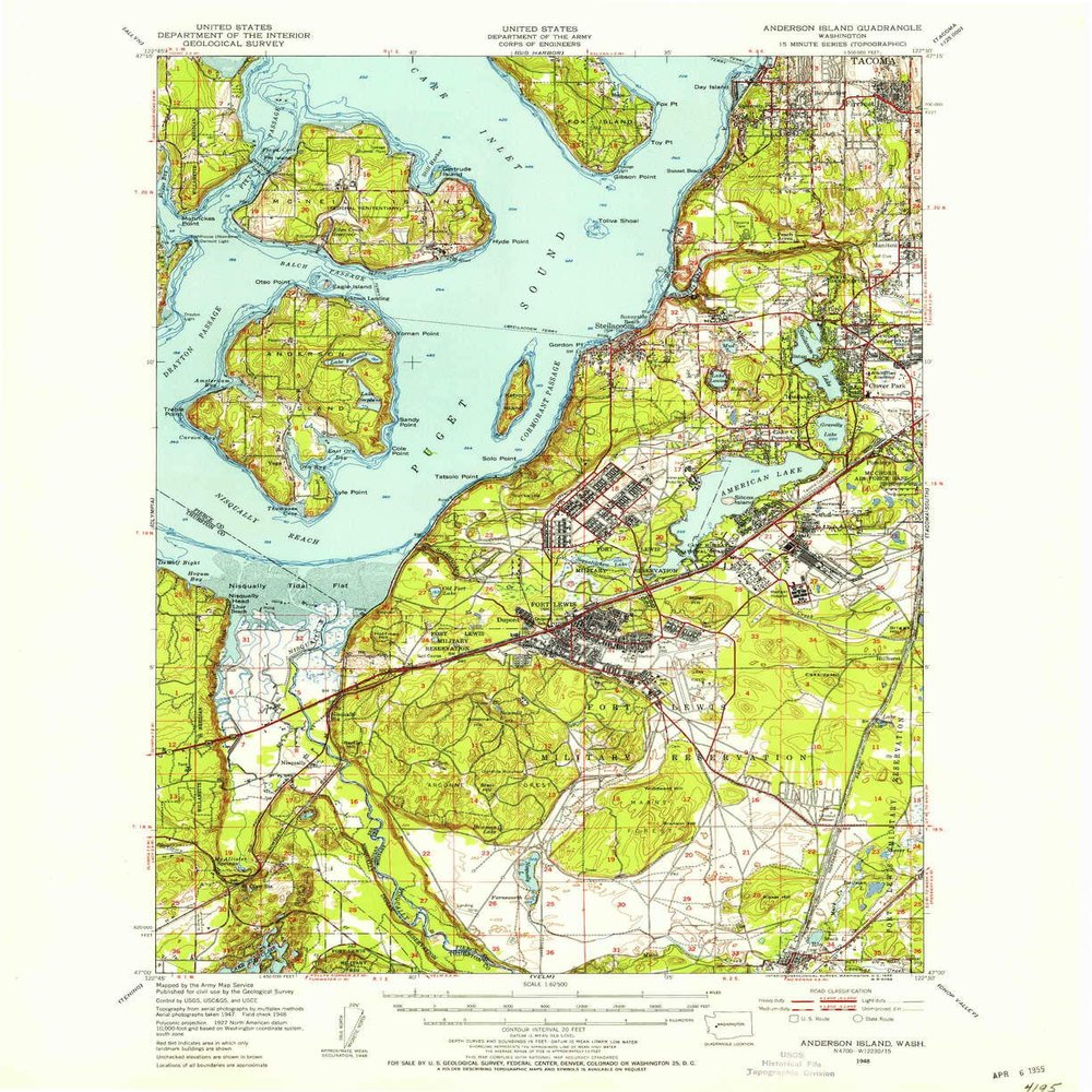 YellowMaps Anderson Island WA topo map, 1:62500 Scale, 15 X 15 Minute, Historical, 1948, Updated 1955, 20.8 x 17 in - Polypropylene