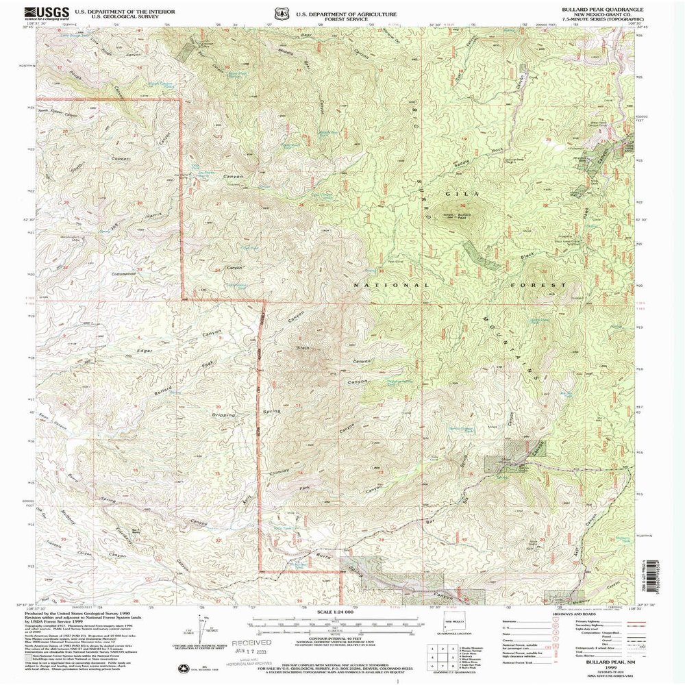 YellowMaps Bullard Peak NM topo map, 1:24000 Scale, 7.5 X 7.5 Minute, Historical, 1999, Updated 2002, 26.9 x 22 in - Polypropylene
