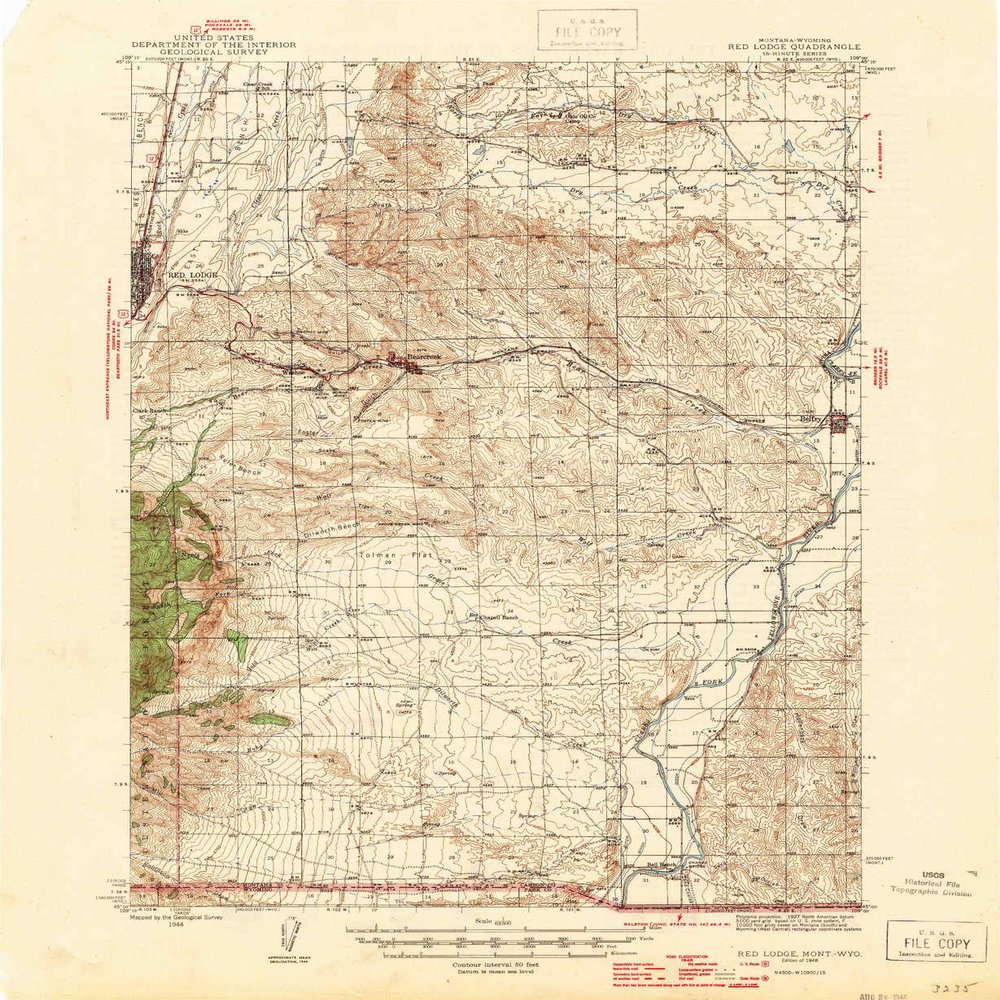 YellowMaps Red Lodge MT topo map, 1:62500 Scale, 15 X 15 Minute, Historical, 1944, Updated 1946, 20.7 x 17 in - Polypropylene