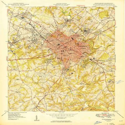 YellowMaps Spartanburg SC topo map, 1:24000 Scale, 7.5 X 7.5 Minute, Historical, 1949, 27.2 x 21.9 in - Polypropylene