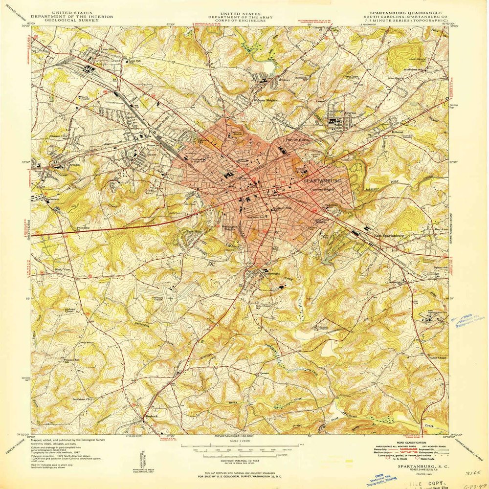 YellowMaps Spartanburg SC topo map, 1:24000 Scale, 7.5 X 7.5 Minute, Historical, 1949, 27.2 x 21.9 in - Polypropylene