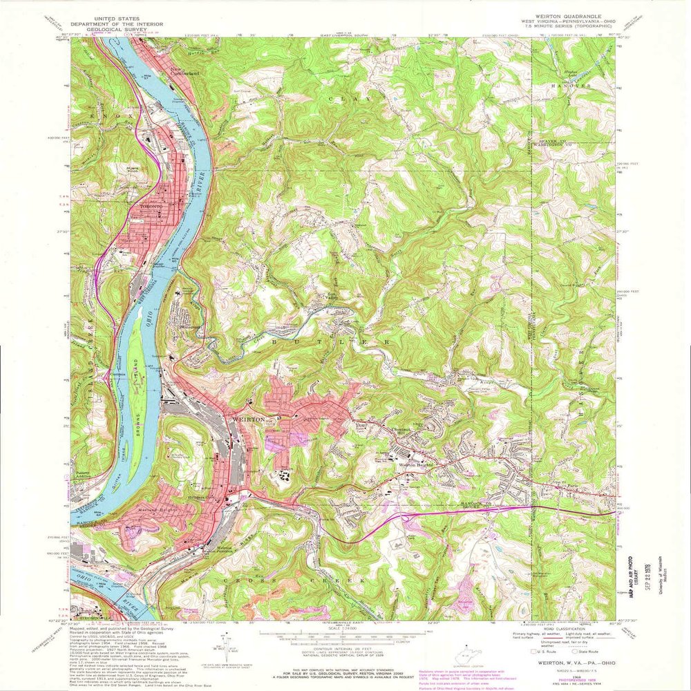 YellowMaps Weirton WV topo map, 1:24000 Scale, 7.5 X 7.5 Minute, Historical, 1968, Updated 1978, 27 x 22.1 in - Tyvek