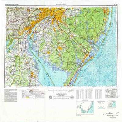 YellowMaps Wilmington DE topo map, 1:250000 Scale, 1 X 2 Degree, Historical, 1966, Updated 1979, 27.1 x 30.1 in - Tyvek