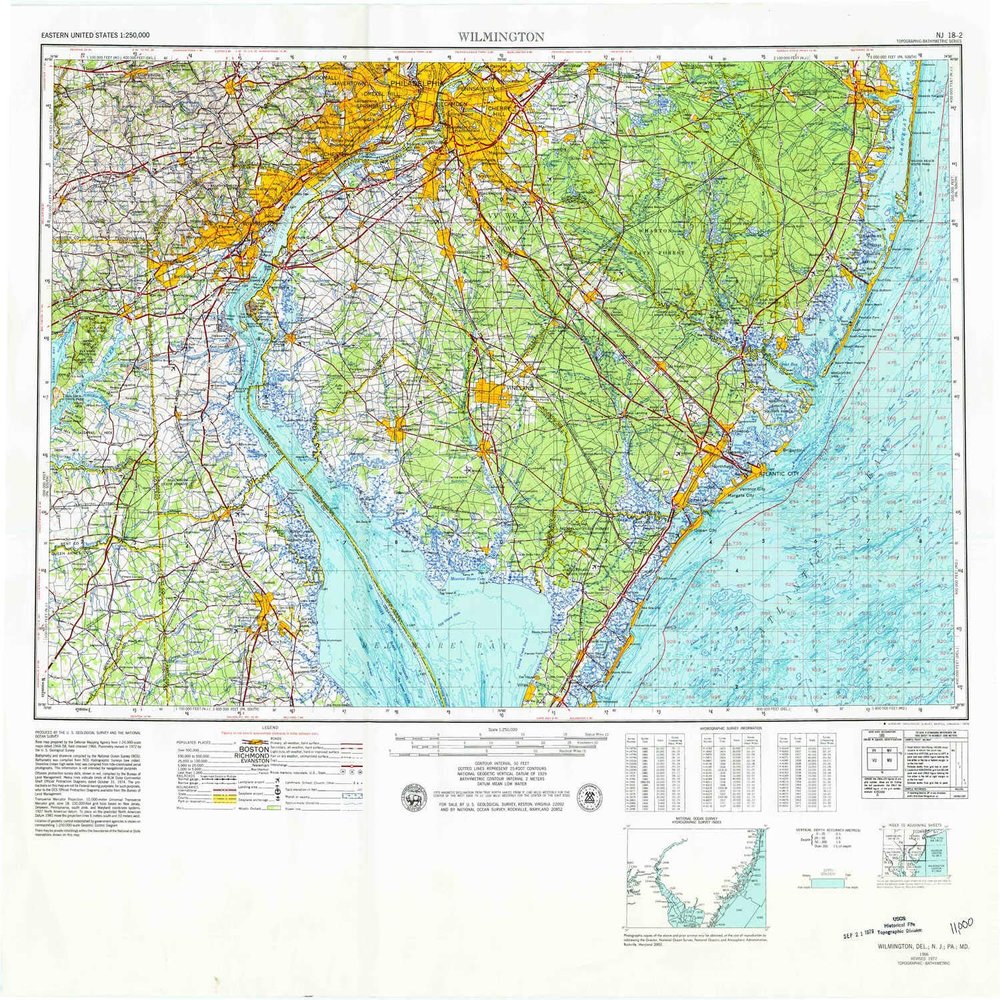 YellowMaps Wilmington DE topo map, 1:250000 Scale, 1 X 2 Degree, Historical, 1966, Updated 1979, 27.1 x 30.1 in - Tyvek