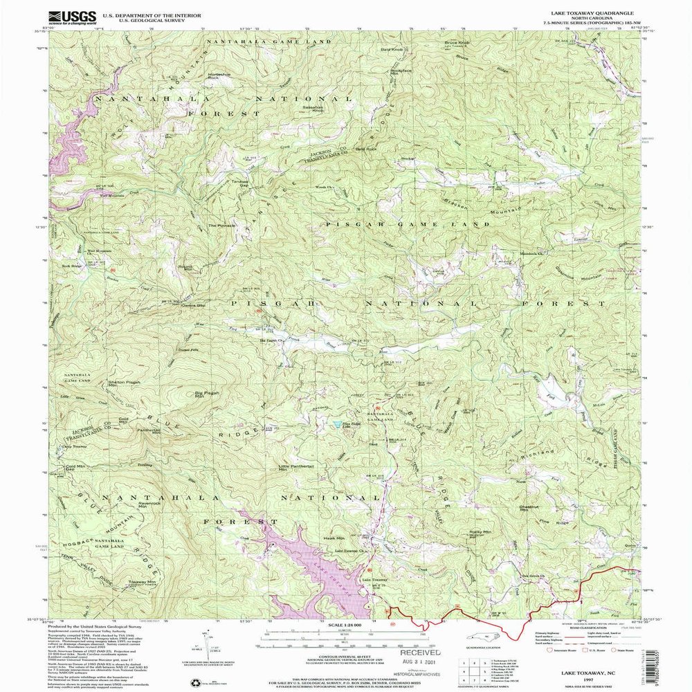 YellowMaps Lake Toxaway NC topo map, 1:24000 Scale, 7.5 X 7.5 Minute, Historical, 1997, Updated 2001, 26.7 x 21.8 in - Polypropylene