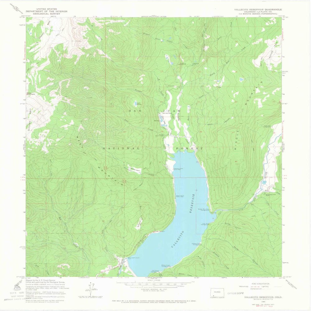 YellowMaps Vallecito Reservoir CO topo map, 1:24000 Scale, 7.5 X 7.5 Minute, Historical, 1964, Updated 1967, 27.3 x 22.1 in - Polypropylene